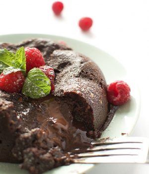 Raspberry Lava Cake, in White Background and vertical frame
